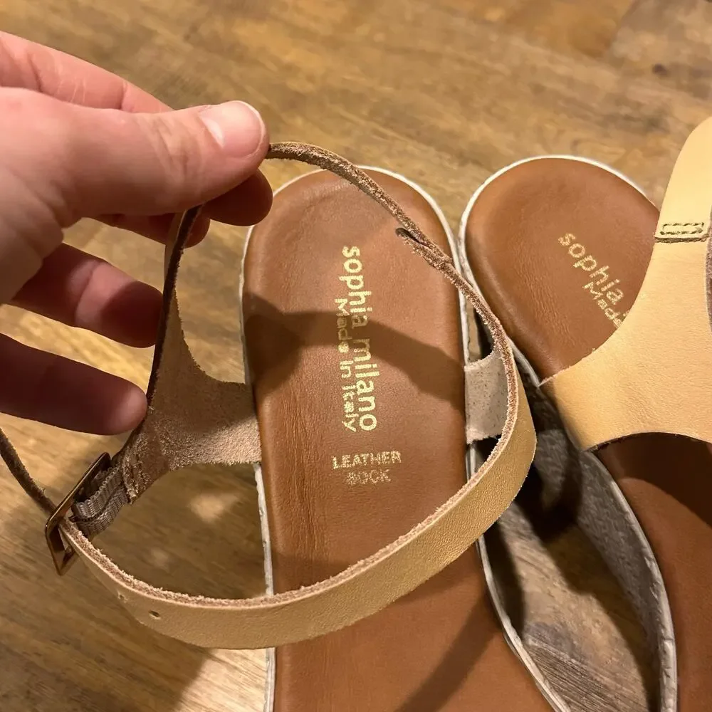 Sophia Milano Sandals 9.5 Ankle Straps Multicolor Leather Wedge Buckle Flowers - Picture 2 of 7